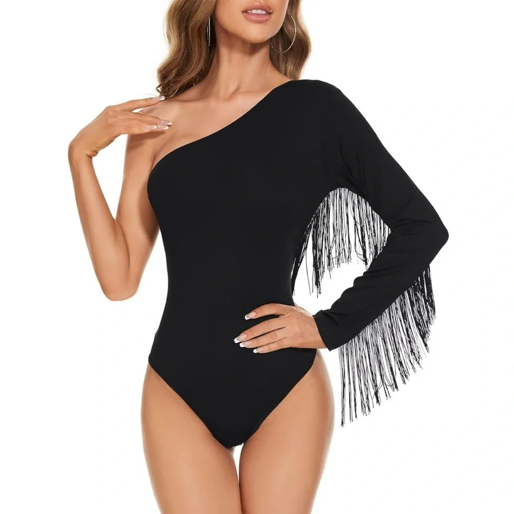 One-shoulder fringe bodysuit - black - small